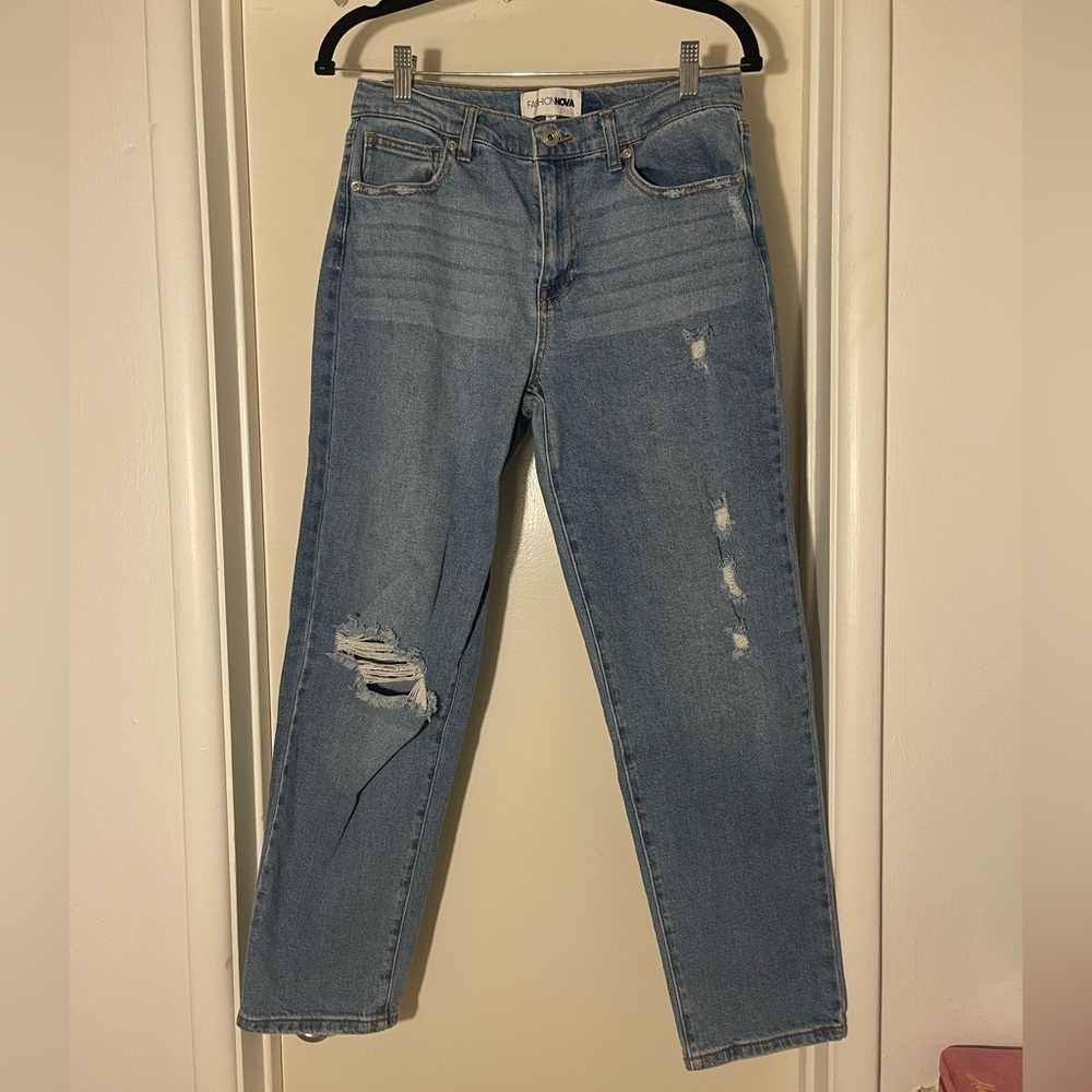 Fashion Nova Light Blue Distressed Straight Leg Jeans